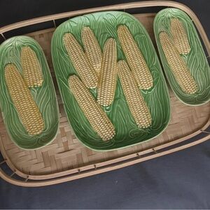 Mid Century Majolica 2 Corn Dishes with Platter Ceramic Platter Set